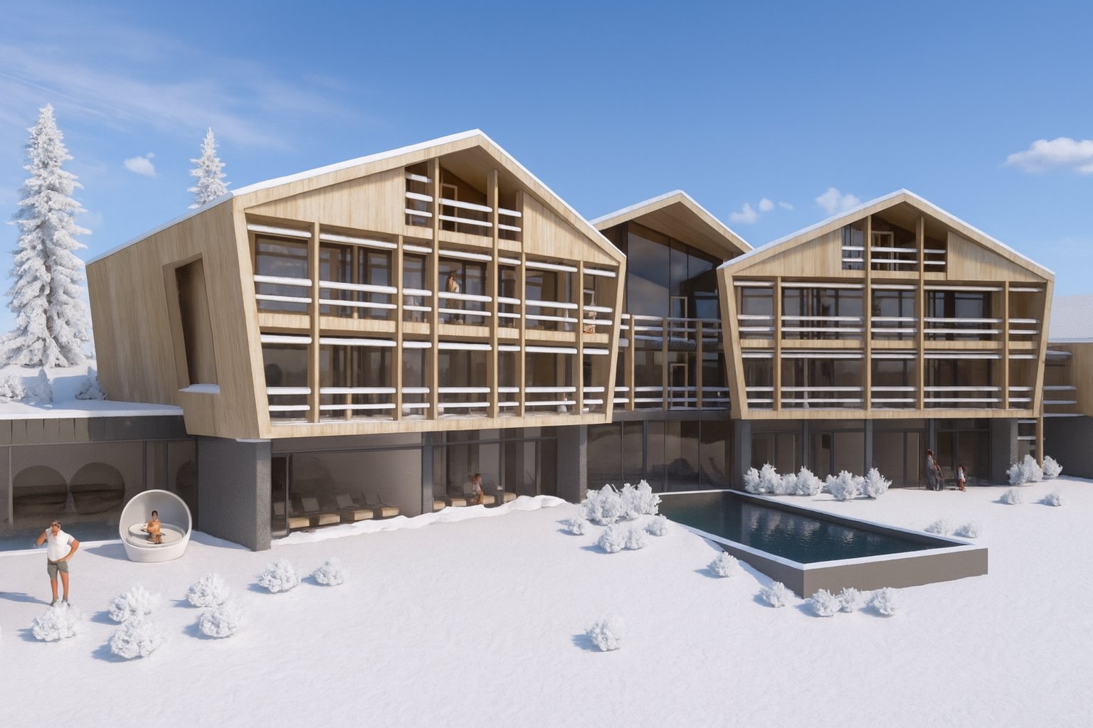 Hotel mit Holzfassade im Winter, verschneiter Garten und Außenpool