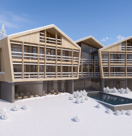 Hotel mit Holzfassade im Winter, verschneiter Garten und Außenpool